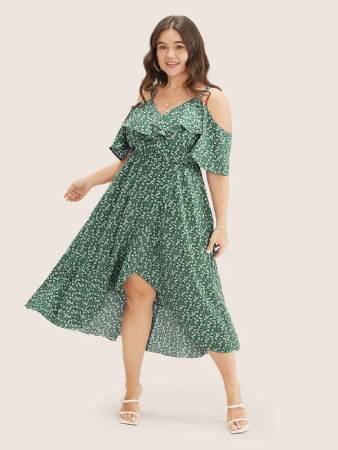 BLOOMCHIC Ditsy Floral Pocket Wrap Cold Shoulder Ruffle Dress